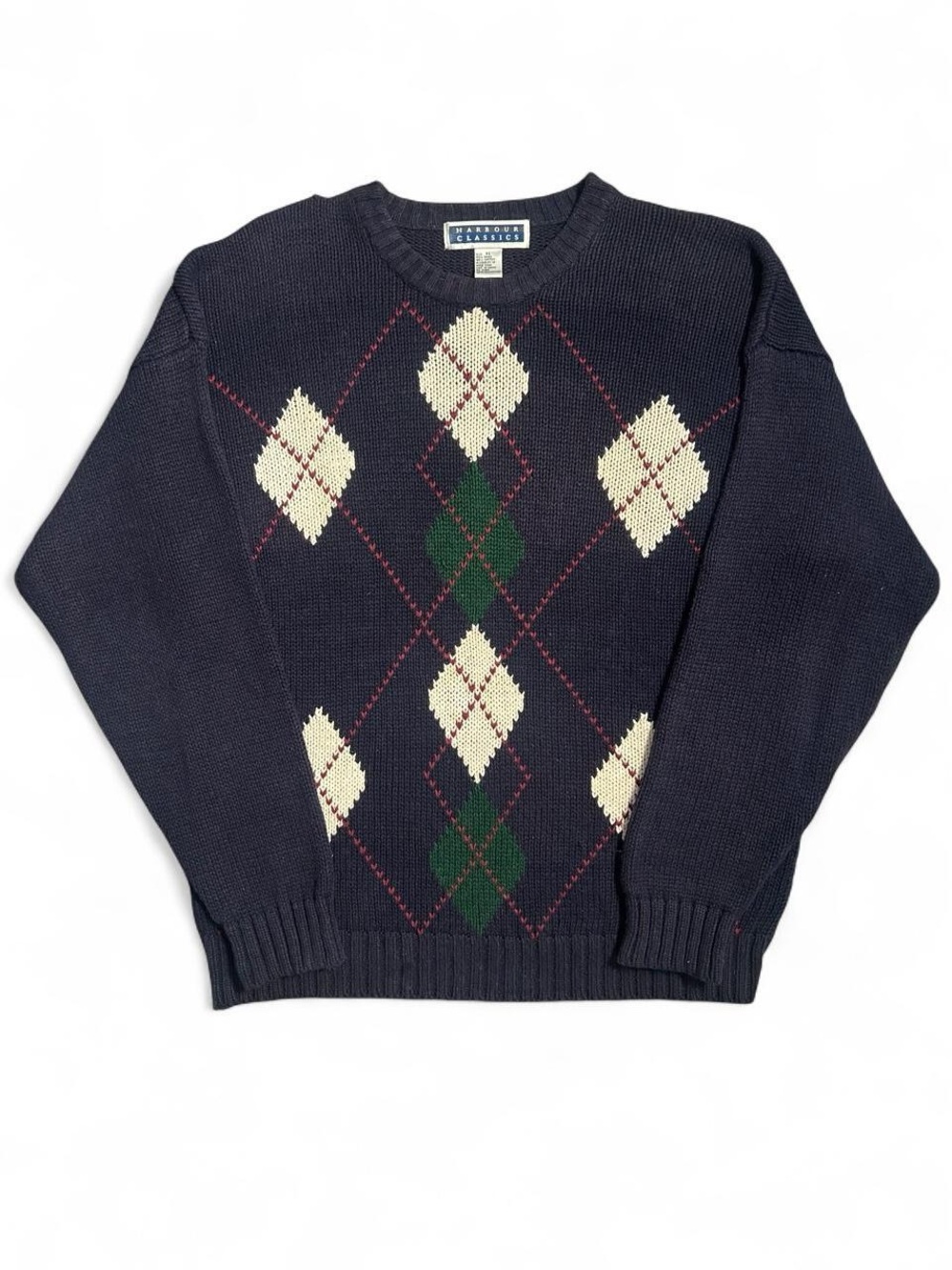 Vintage Harbour Classics Navy Argyle Crewneck Sweater - Navy/White/Green/Red